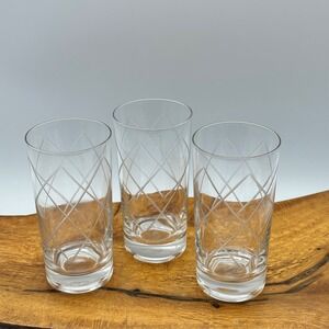 Set of 3 Etched Diamond Trellis Highball Glasses Clear Glass Tumblers 5.5 inch